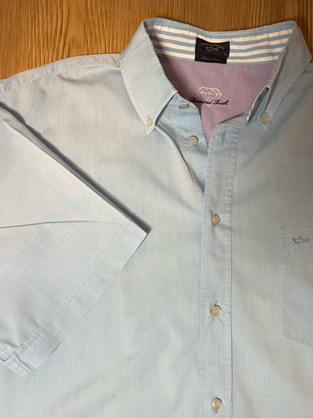 Paul & Shark Yachting Shirt Mens 44 XL Light Blue Short Sleeve Cotton Diamond